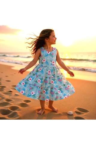 Çiçekli Kız Çocuk Elbise St09119 Turkuaz