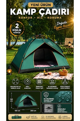 Çadır Tam Otomatik Kamp Çadırı 2 Kişilik 200x150 Cm 3 Saniyede Kurulum Su Geçirmez Geniş Çadır Outdoor Yeşil