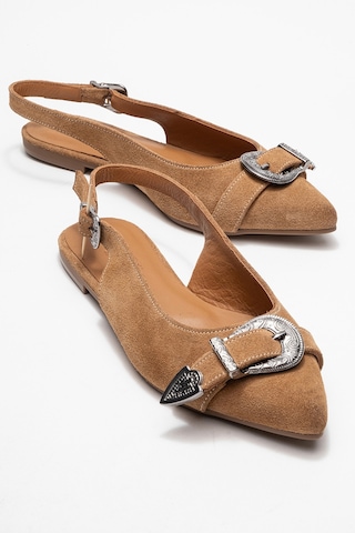 Dorothy Toprak Süet Hakiki Deri Tokalı Sivri Burunlu Kadın Sandalet Toprak