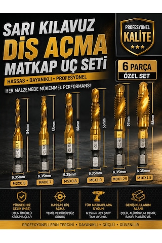 Mucit Home 6 Parça Sarı Klavuz Diş Açma Kılavuz Matkap Uç Seti Ahşap Alüminyum Plastik Delme
