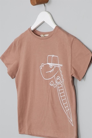 Luess Dinazor Baskılı Regular Fit Kısa Kollu Erkek Çocuk Tişört Kahverengi
