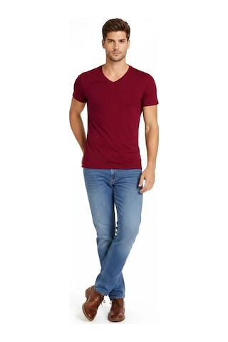 Efnaz Style Erkek T-shirt V Yaka Slim Fit Dar Kesim Likralı Tişört Günlük Basic Body - Bordo