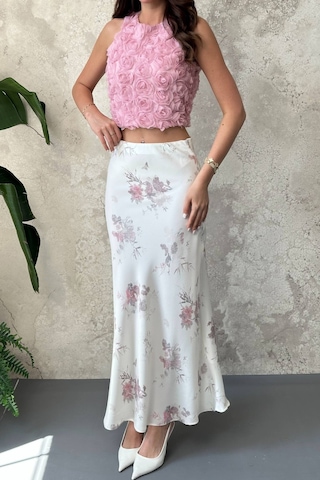 Alemdarshop Ekru Saten Soft Çiçekli Etek
