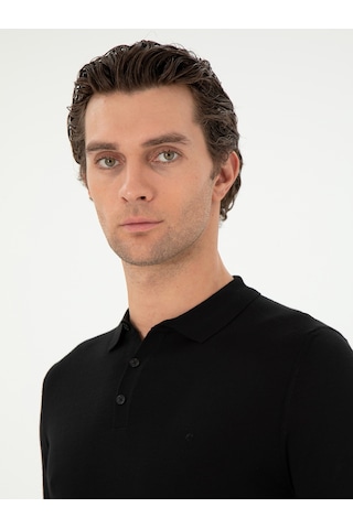 Cacharel Siyah Slim Fit Yün Karışımlı Polo Yaka Basic Triko Kazak