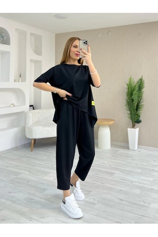 Kadın Kısa Kollu Bisiklet Yaka Viskon Iki Iplik Bluz Ve Pantolon Ikili Takım Siyah