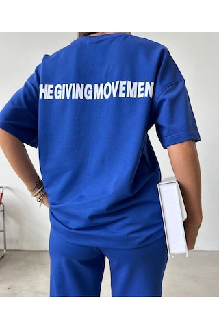 Movement T-shirt Eşofman Altı Jogger- Baskılı Alt Üst Eşofman Takım Oversize Bisiklet Yaka Sax