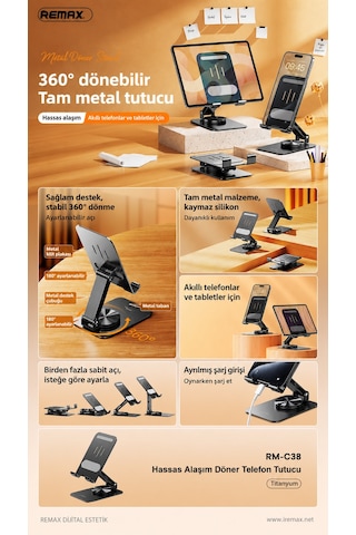 Remax Rm-c38 Precision Alloy 360 Döner Metal Masaüstü Telefon Ve Tablet Tutucu Stand
