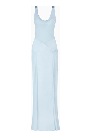 United Colors Of Benetton Because Of Alice Cowl Neck Satin Panel Gown Draped Bias Cut Maxi Dress Kadın Elbise Açık Mavi