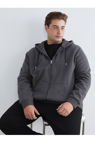 Lcwaıkıkı Classic Gri Büyük Beden Kapüşonlu Erkek Kalın Fermuarlı Sweatshirt