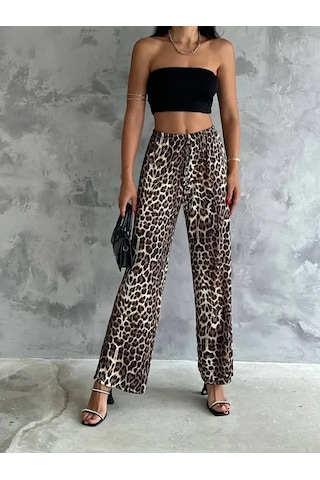 Kadın Varak Baskılı Leopar Desenli Mevsimlik Beli Lastikli Geniş Paça Pantolon Leopar