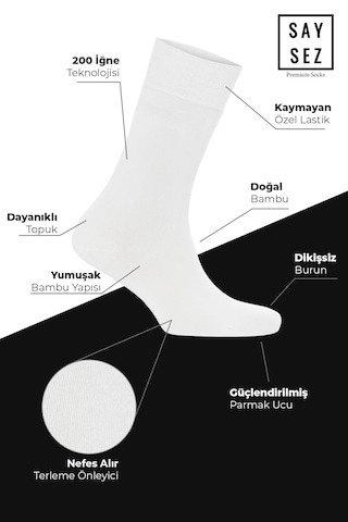 Saysez Bambu Erkek Soket Uzun Beyaz Çorap Dikişsiz Premium Kutulu 6'lı Beyaz