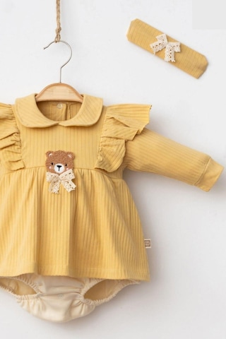Kız Bebek Cute Bear Romper Baskılı Tulum Hardal