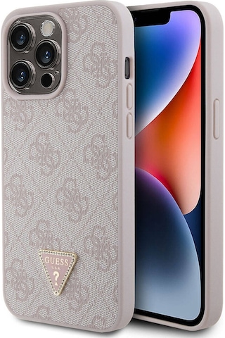 Apple Uyumlu iPhone 15 Pro Max Kılıf Guess Lisans Pu Deri Taşlı Üçgen Logo 4g Desen Strass Siyah