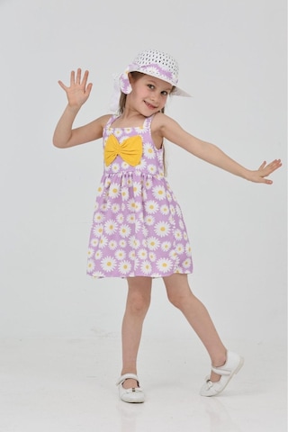 Papatya Baskılı Askılı Şapkalı Elbise Lila