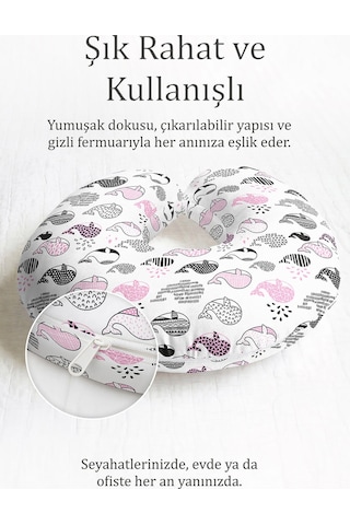 Sevimli Balina Desenli Pamuklu Boyun Yastığı - Modern Siyah Pembe Yumuşak Seyahat Yastığı Çok Renkli