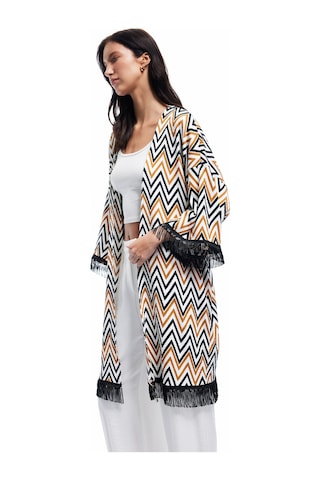 Koton Rahat Kalıp Püsküllü Geometrik Desenli Uzun Kimono Kahverengi Desenli 5sak30099ek Kahverengi Desenli