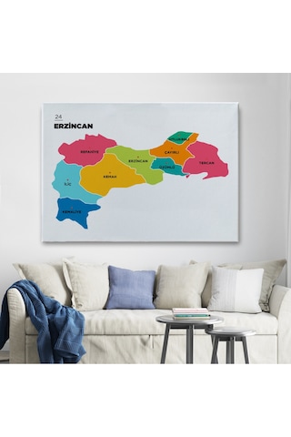 Erzincan İli Ve İlçeler Haritası Dekoratif Kanvas Tablo 1333 125 X 70