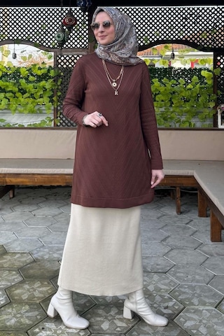 Rabia Şamlı Damla Triko Tunik Kahve Çok Renkli