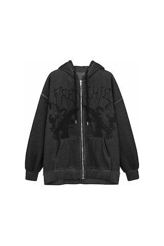 Novahub Kadın Vintage Melek Baskı Kapüşonlu Zip Up Uzun Kollu Cep Kazak Kırmızı Sonbahar/kış Kırmızı