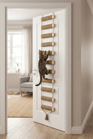 Ahşap Kedi Tırmanma Merdiveni Ve Duvar Köprüsü - Jüt İpli, 11 Basamak, 125 Cm