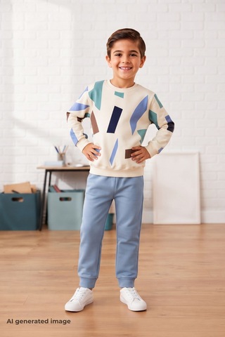 Pina Kids Erkek Çocuk Geometrik Desenli Okul Günlük Eşofman Takımı Esf7038 Mavi