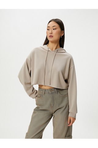 Koton Kapşonlu Crop Sweatshirt Uzun Kollu Bej 4sak10006ek Ekru