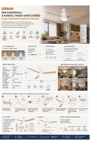 Osram Ceiling Blade Fan 18w 3 Kanatlı Beyaz Kumandalı Tavan Vantilatörü