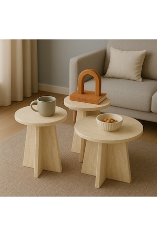3 Lü Orta Sehpa Seti, 40 Cm, 32 Cm, 28 Cm Çaplı, Yükseklik 43 Cm, 39 Cm, 35 Cm Traverten
