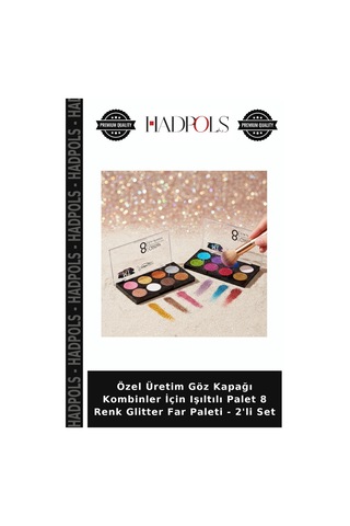 Özel Üretim Göz Kapağı Kombinler İçin Işıltılı Palet 8 Renk Glitter Far Paleti - 2'li Set Çok Renkli