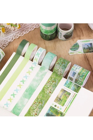 Art Vintage Washi Tape Bant Yapışkanlı Maskeleme Kağıdı Desenli Bant 12'li - Yeşil Claude Monet Tabloları 1