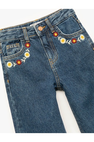 Koton Çiçek İşlemeli Geniş Paça Koyu İndigo Kız Çocuk Jean Pantolon 6wkg40029ad Koyu İndigo