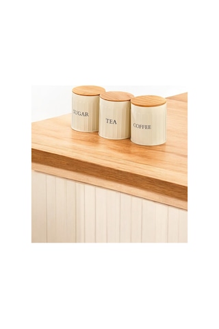 3 Lü Ahşap Kapaklı Metal Saklama Kutusu Çay Kahve Şeker Kavanoz Saklama Kabı Krem