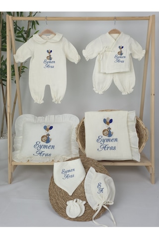 Gros Shop Müslin Yeni Doğan 4katlı Organik %100pamuk Kişiye Özgü Nakışlı Hastane Çıkış Seti Balonlu Aslan-3 Ekru