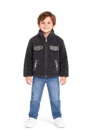 Mavi Boncukk Çocuk Unisex Peluş Welsoft Fermuarlı Kapüşonlu Ve Dik Yaka Polar Mont Ceket Siyah