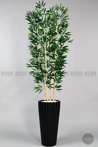 Biçiçek Yapay Bambu Ağacı 4 Dal Yoğun Yapraklı 180 Cm Siyah Lilyum Saksıda