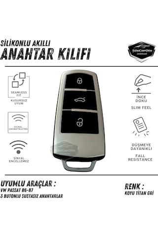Volkswagen Passat B6 B7 Uyumlu Silikon Anahtar Kılıfı Oto Anahtar Kabı Darbe Emici Anahtarlık Koyu Titan Gri 00 Şüscaroto Aksesuar