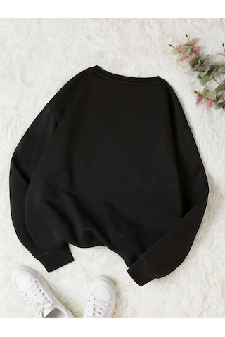 Paris Eyfel Sweatshirt - Siyah Baskılı Oversize Bisiklet Yaka Siyah