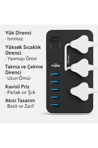 Uzatma Kablosu 6 Usb 3 Priz Girişli Aşırı Gerilim Koruyuculu T09