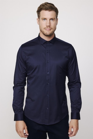 Tudors Slim Fit Likralı Düz Pamuk Saten Lacivert Erkek Gömlek-27731-lacivert Lacivert