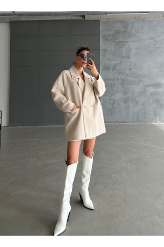 Laluvia Balıksırtı Oversize Kaban Taş Rengi Bej
