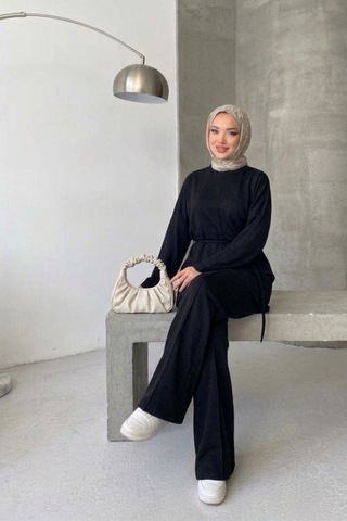 Thiff Tesettür Önü Bağlamalı Oversize Çimalı Modal Takım Siyah