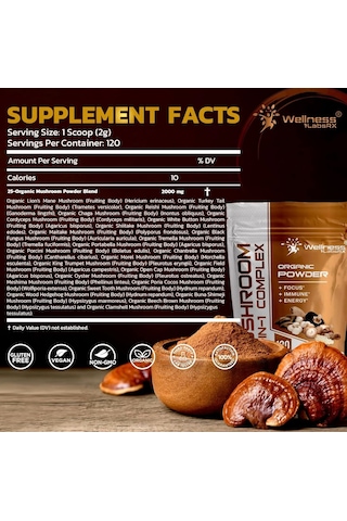 Wellness Mushroom 25 In 1 Complex -organic Powder - Focus - Immune - Energy 2000mg - 120 Servis