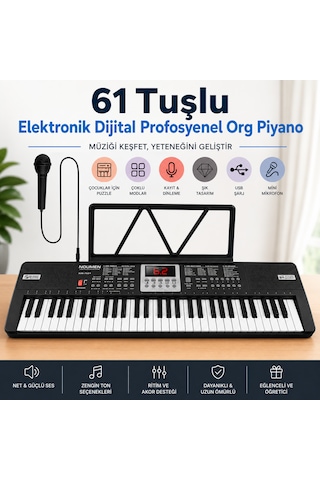 61 Tuşlu Elektronik Org Piyano Çocuk Beni Başlayanlar İçin Mikrofonlu Org Başlangıç Için Keyboard Demolu Siyah