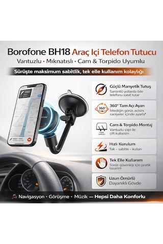 Borofone Bh18 Araç İçi Telefon Tutucu Vantuzlu Mıknatıslı Cam Ve Torpido Uyumlu