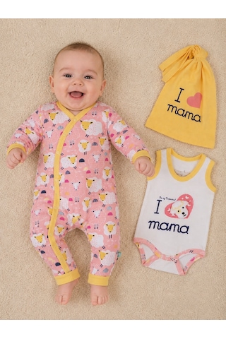 Babyhola Bebek Çıtçıtlı Badi Tulum Bere 3'lü Takım %100 Pamuk Annemi Seviyorum Yazılı 587-8 Pembe