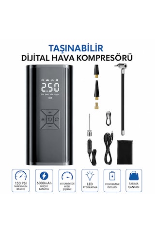 Kablosuz Hava Kompresörü 150 Psı 6000 Mah Dijital Lastik Şişirme Pompası 120w Led Ekranlı Taşınabilir -
