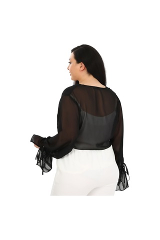Büyük Beden Kol Detaylı Önü Çift Kat Bağlamalı Şifon Siyah Bolero Siyah