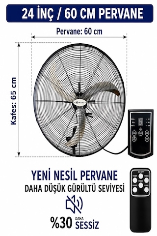 Muzeko Mzk600 24 Inç 60cm 160w Zaman Ayarlı Kumandalı Duvar Tipi Sanayi Vantilatör Evde Kullanım İçin Uygun Değildir