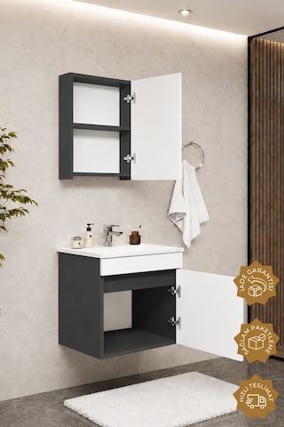 Teta Home Tokyo 55 Cm Mdf Banyo Dolabı Seti Antrasit - Beyaz
