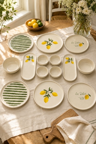 Amalfi 14 Parça 6 Kişilik Seramik Stackable Kahvaltı Takımı Limon Desenli Ayaklı Sunumluklu Sofra Seti Beyaz
